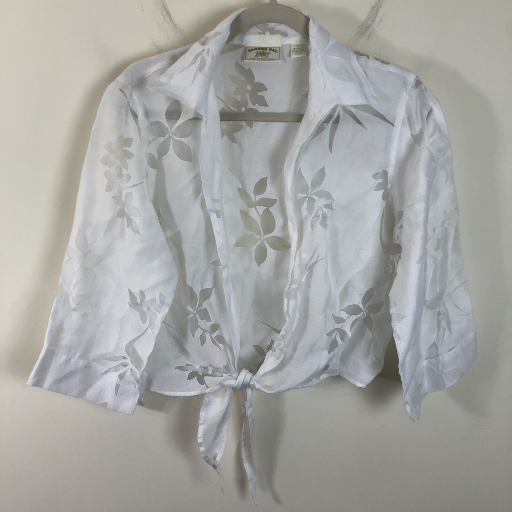 Vintage Banana Bay Resortwear Coastal Cover Tie Up Crop Blouse Women's L White